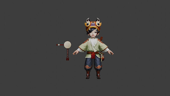 Charming Child Warrior with Traditional Attire and Mask 3D model