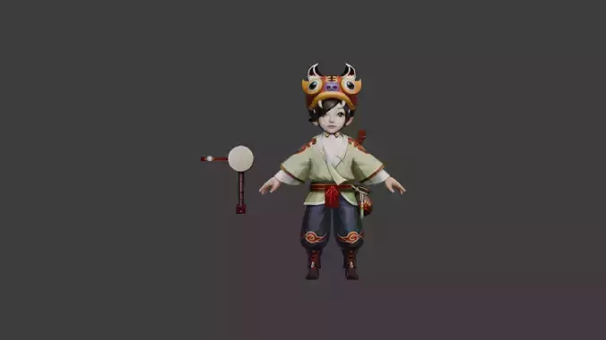 Charming Child Warrior with Traditional Attire and Mask