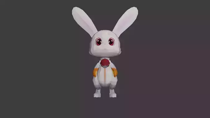 Cute Polygonal White Bunny with Big Eyes and Red Gem Necklace