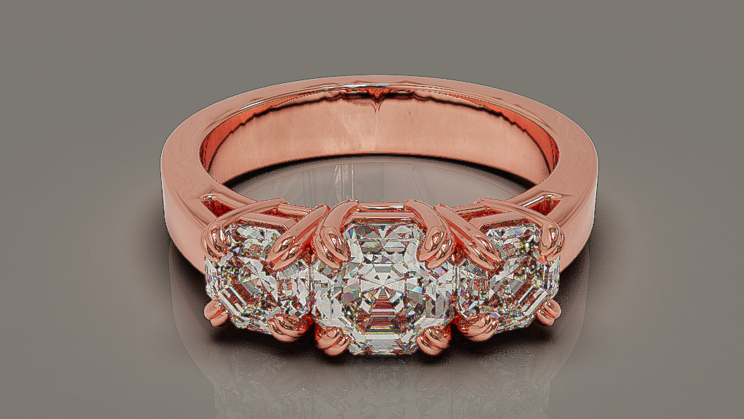 Cathedral style prong set octagon cut diamond three stone ring 3D print model_8