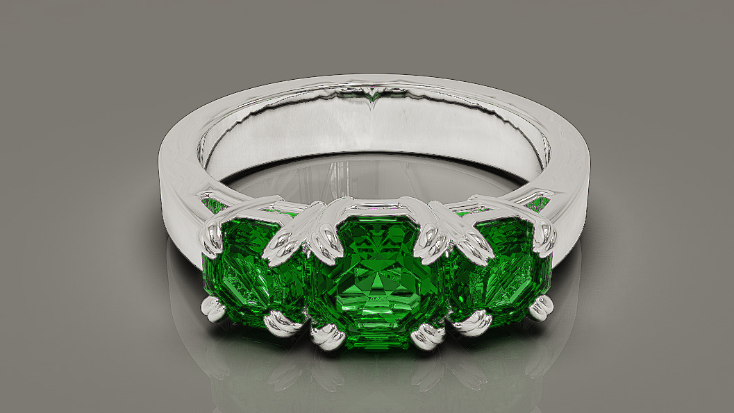 Cathedral style prong set octagon cut diamond three stone ring 3D print model_13