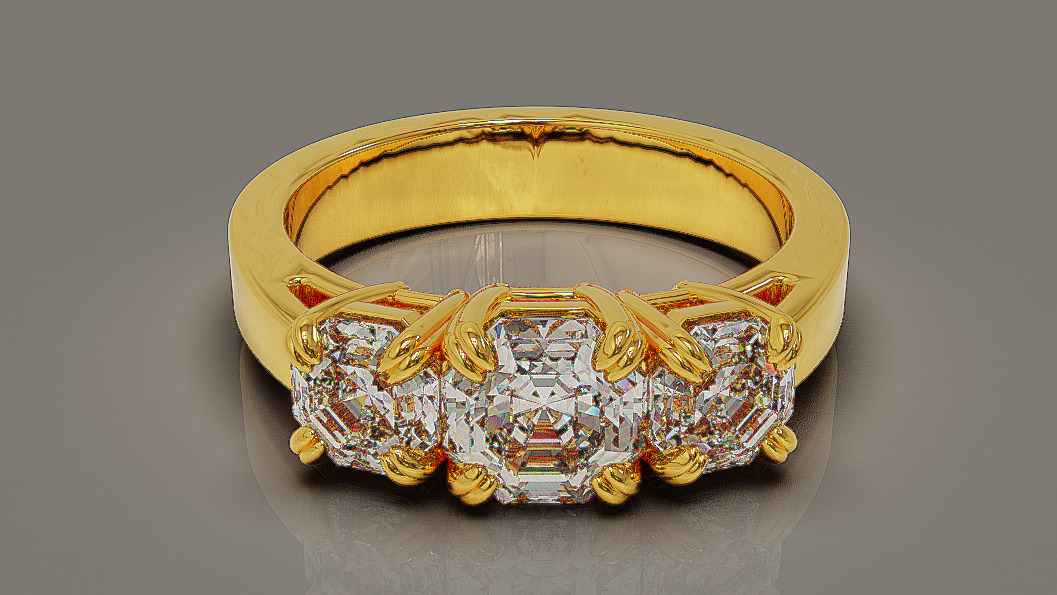 Cathedral style prong set octagon cut diamond three stone ring 3D print model_2