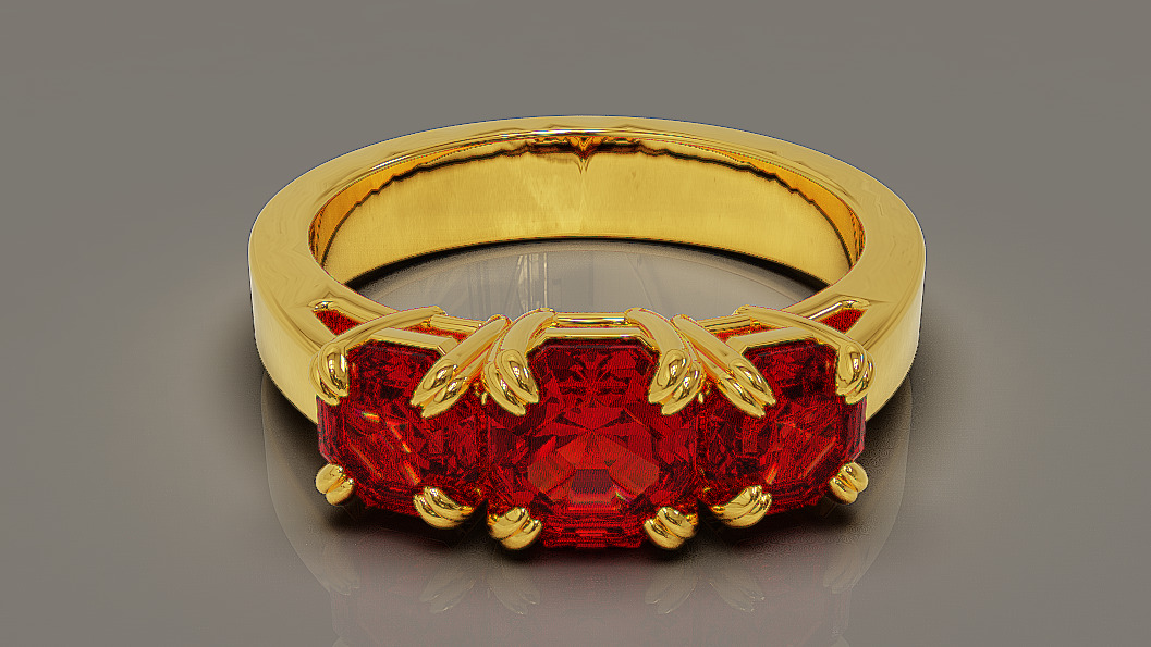 Cathedral style prong set octagon cut diamond three stone ring 3D print model_1