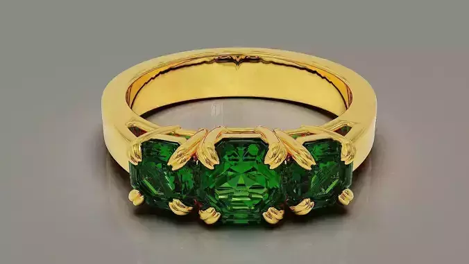 Cathedral style prong set octagon cut diamond three stone ring