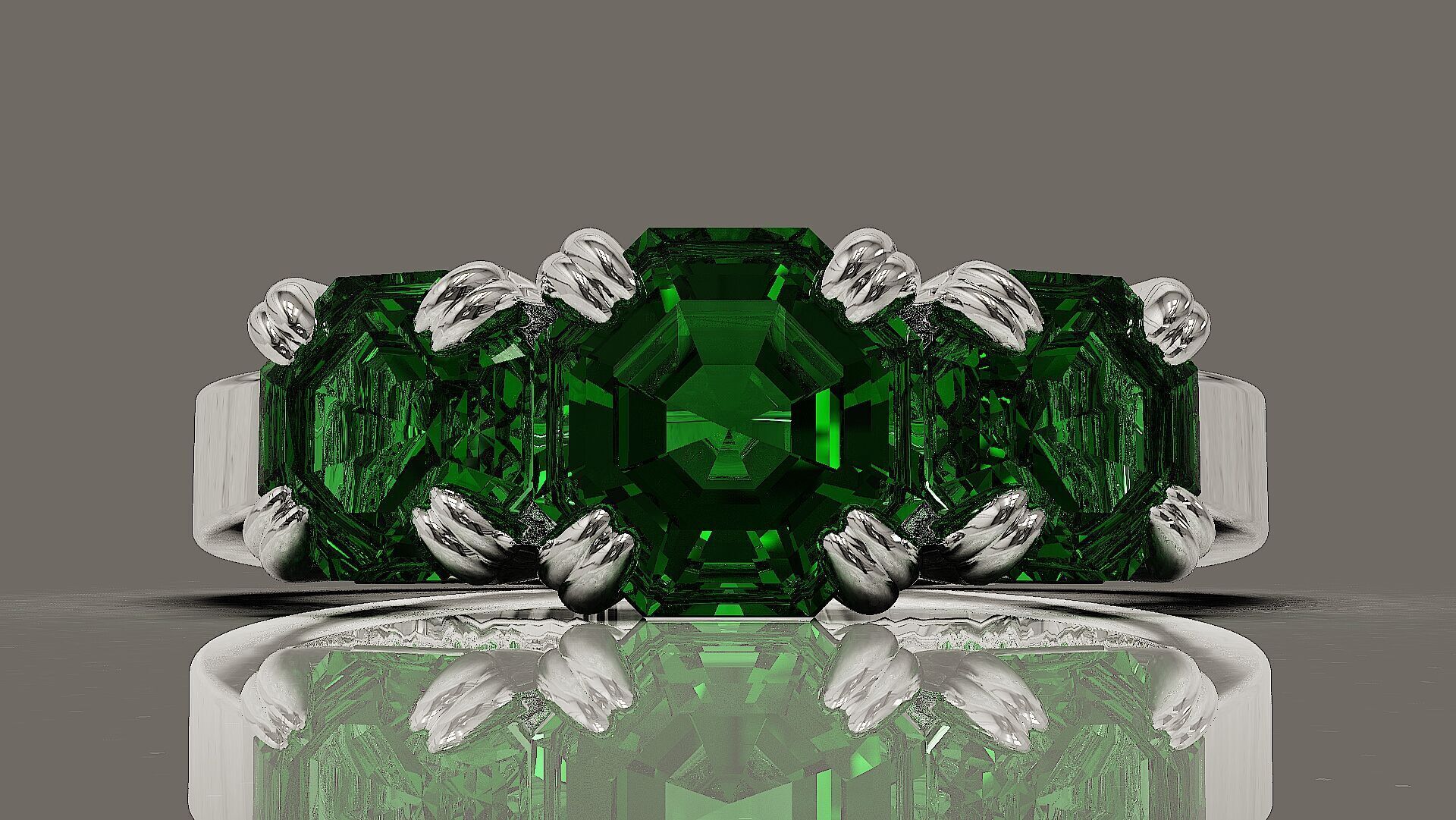 Cathedral style prong set octagon cut diamond three stone ring 3D print model_17