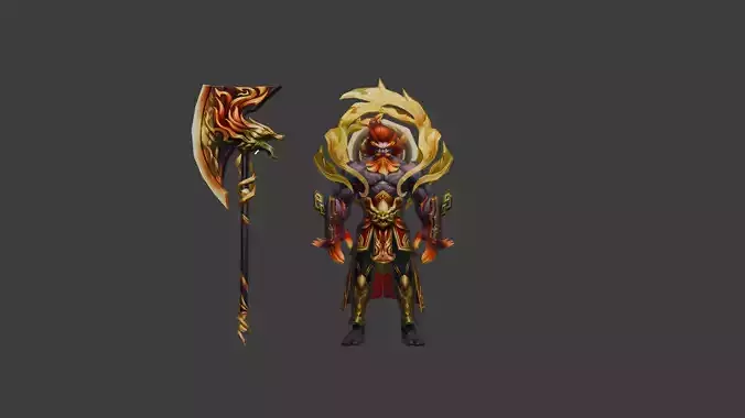 Mythical Warrior with Fiery Aesthetic and Lion-Headed Axe