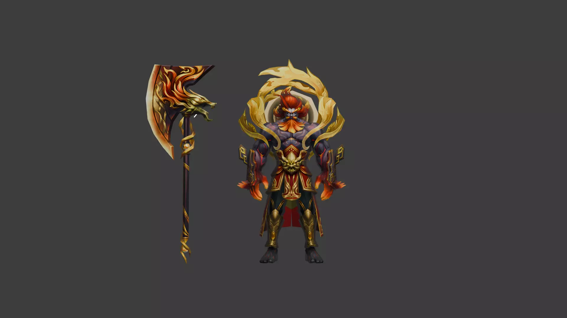 Mythical Warrior with Fiery Aesthetic and Lion-Headed Axe 3D model