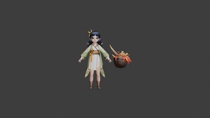 Character with Traditional Outfit and Basket of Autumn Leaves 3D model