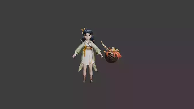 Character with Traditional Outfit and Basket of Autumn Leaves