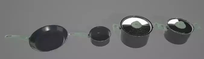 Pot With Green Handle Set 3D Asset