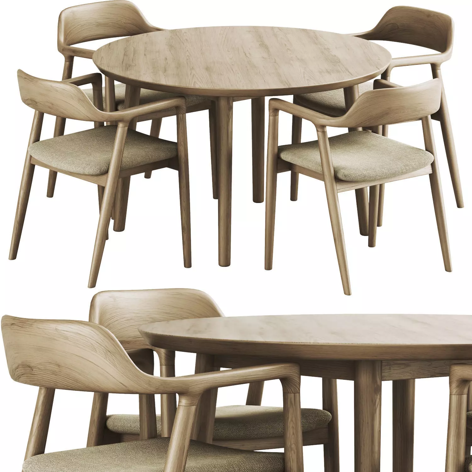 Hiroshima Wooden Dining Table and Chair - Scandinavian 3D Model 3D model