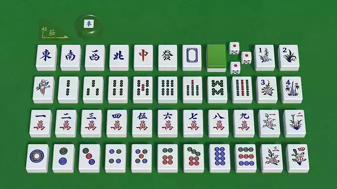 Hong Kong Classic Mahjong With Token and Dice Game Ready asset Low-poly 3D model