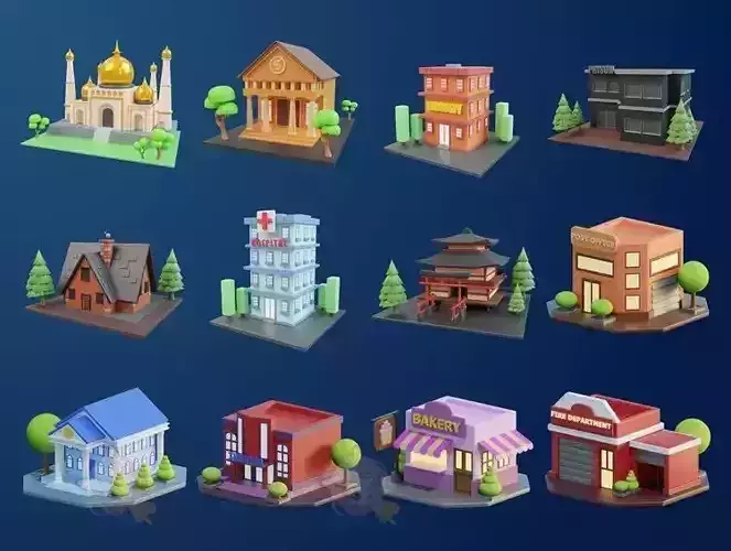 25 cartoon Building 3D Model Pack