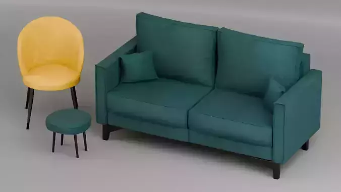 Couch with chair and stool 3D model