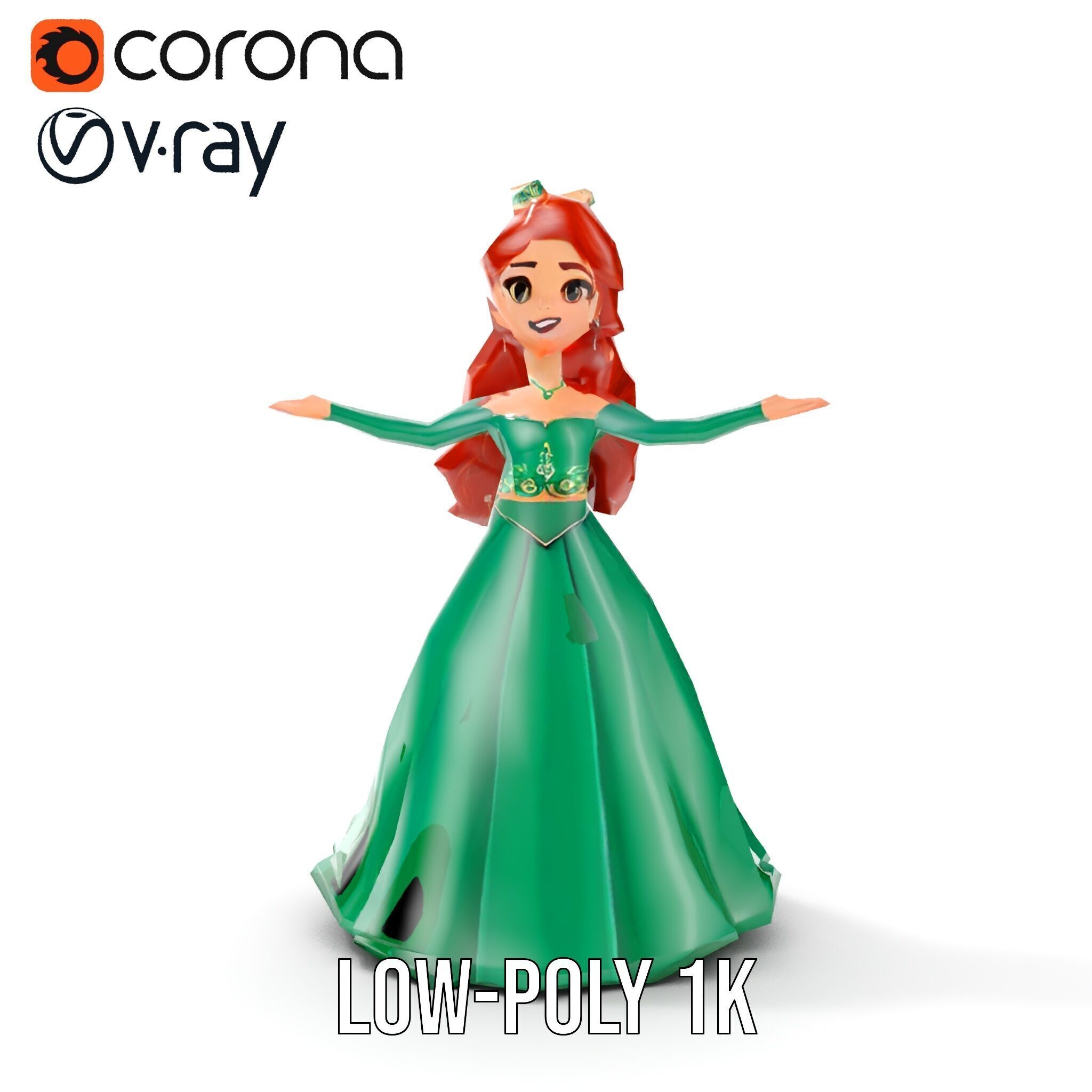 Elegant RedHaired Princess Character  Rigged and Animated Low-poly 3D model_13