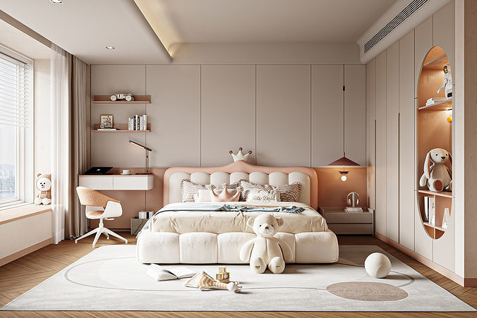 Creamy Kids Bedroom with Plush Toys 404 3D model