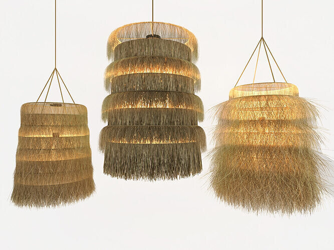 Three types of rattan and bamboo pendant lights 3D model