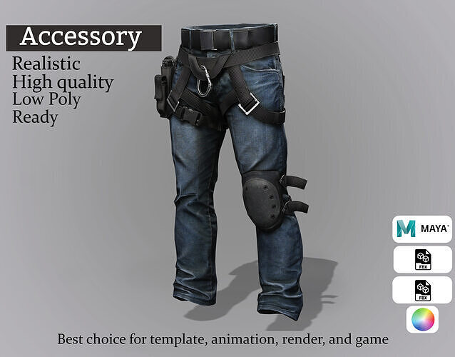 Tactical Jeans with Knee Pad and Holster Low-poly 3D model