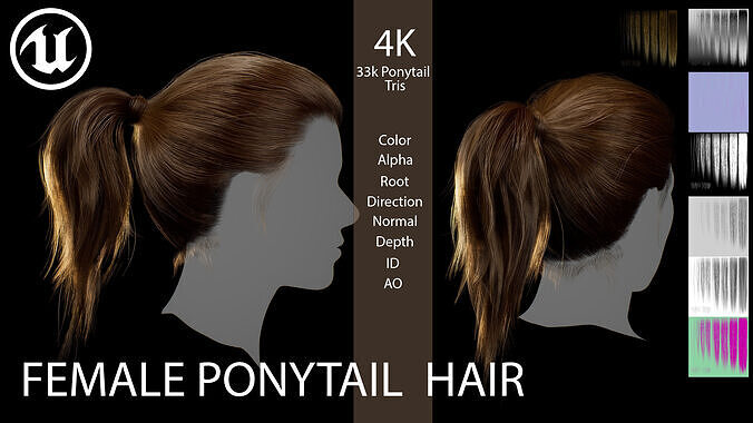 Real-Time Female Ponytail Hairstyle  Game-Ready Hair Asset Low-poly 3D model
