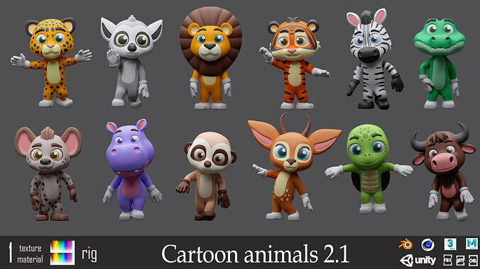 Cartoon character animals 2 01 Low-poly 3D model