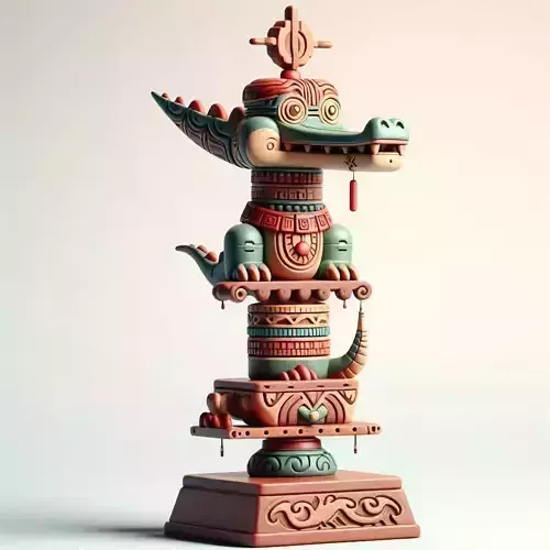 994 Color 3D Model of a Totem Style  Crocodile on a Pedestal