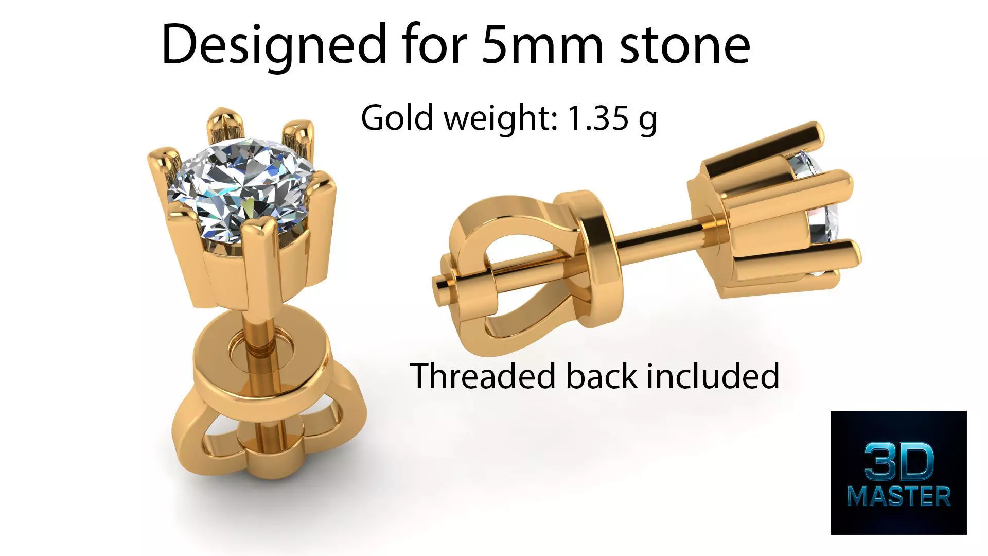 Gold Earring Stud 5mm 3D Print Model with Secure Back 3D print model