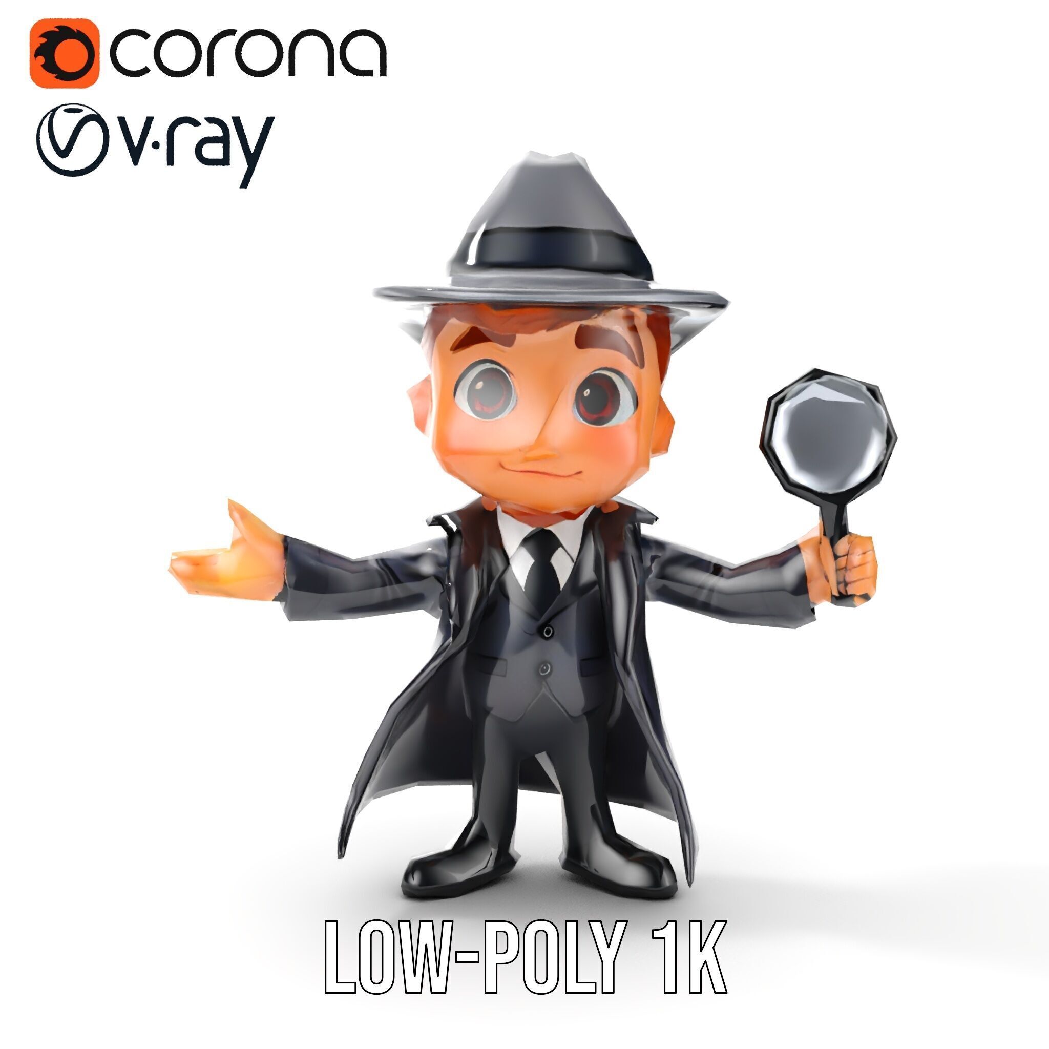 Detective Boy Character Model Rigged and Animated Low-poly 3D model_23