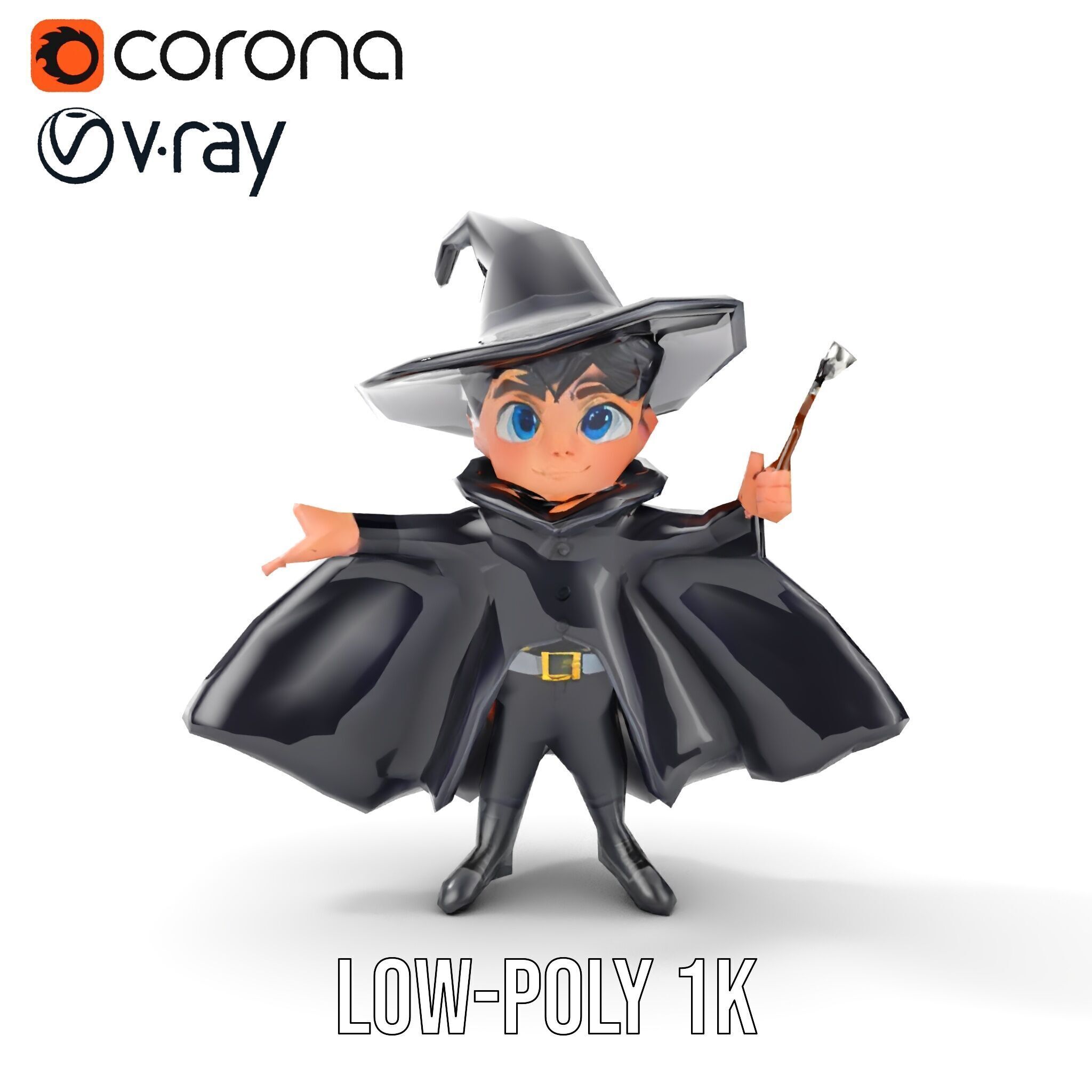 Young Wizard Character Model Rigged and Animated Low-poly 3D model_17