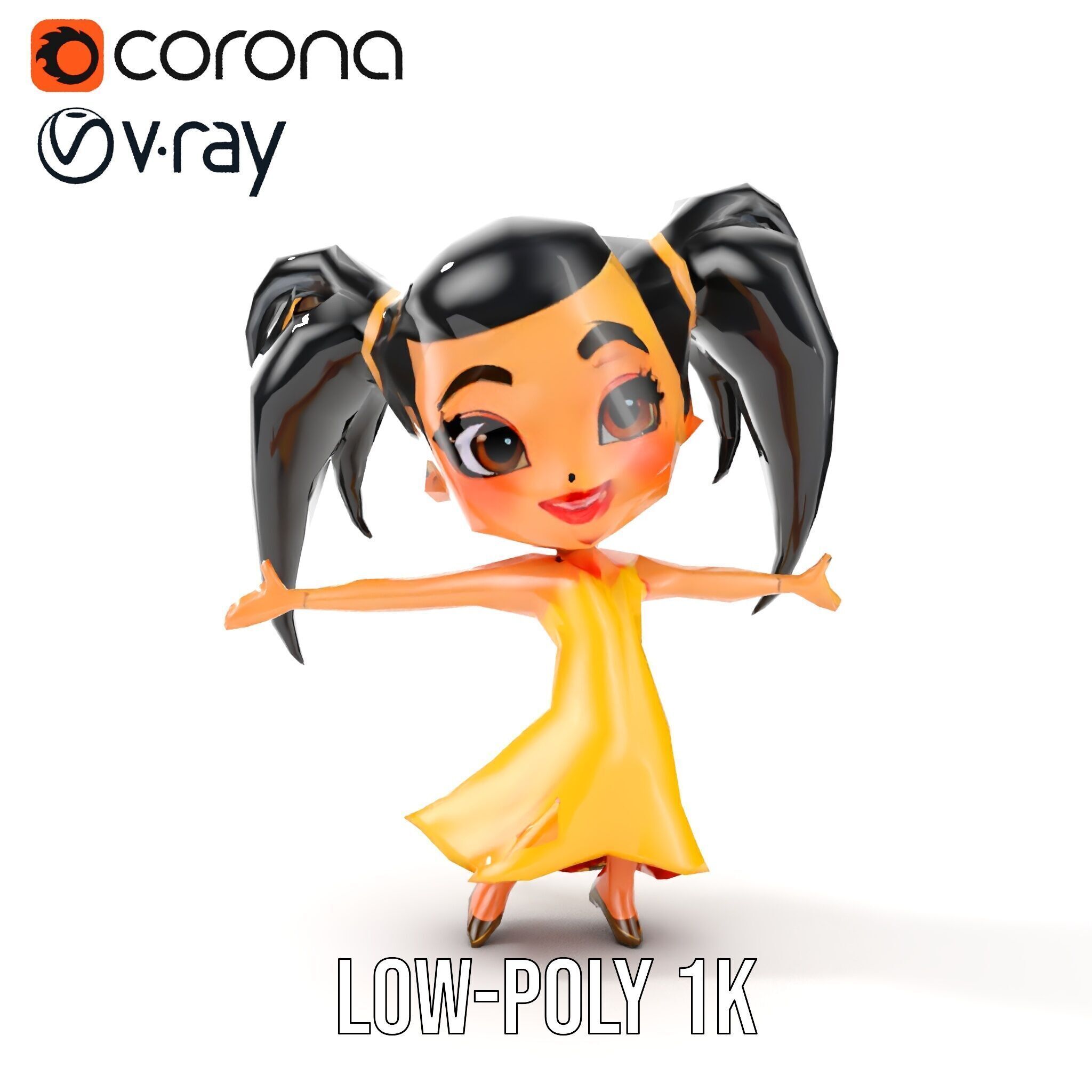 Chibi Girl Character in Gold Dress  Rigged and Animated D Model Low-poly 3D model_7