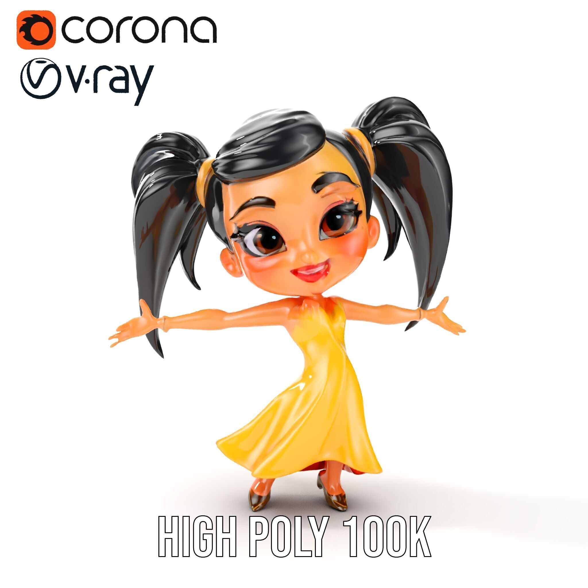 Chibi Girl Character in Gold Dress  Rigged and Animated D Model Low-poly 3D model_27