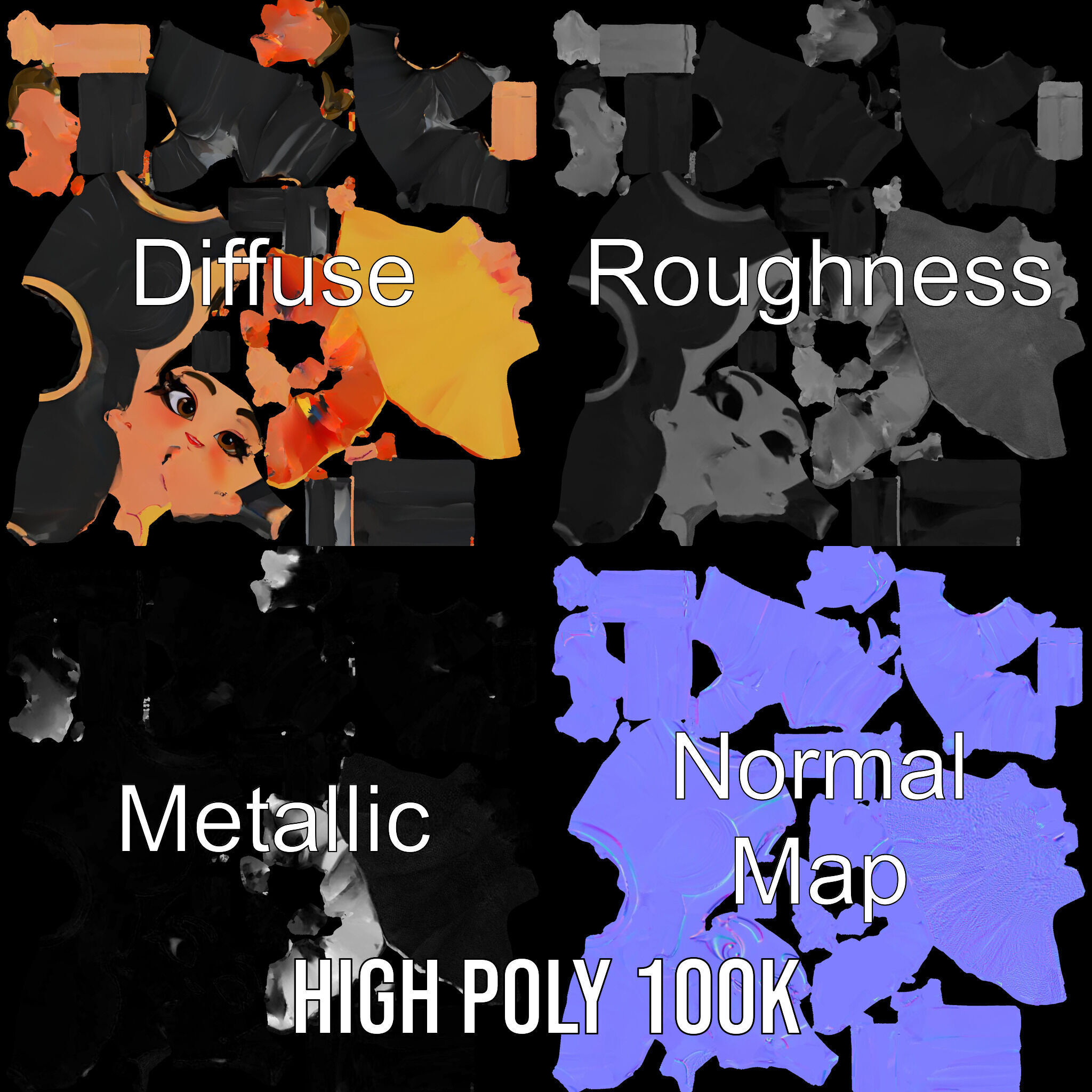 Chibi Girl Character in Gold Dress  Rigged and Animated D Model Low-poly 3D model_3