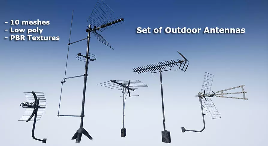 Set of outdoor TV Antennas Low-poly 3D model_0
