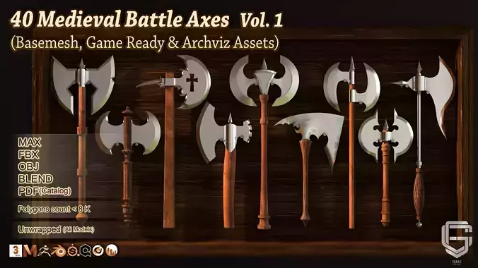 40 Medieval Battle Axes  V 1 Basemesh Game ready 