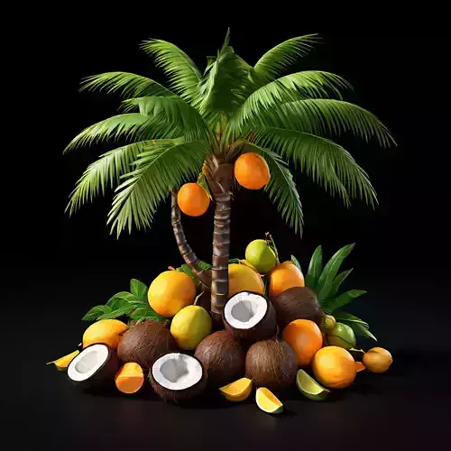 Tropical Coconut Palm Tree and Fruits Low-poly 3D model