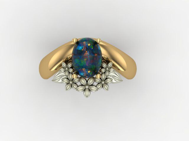 Engagement ring with opal and flower 3D print model_2