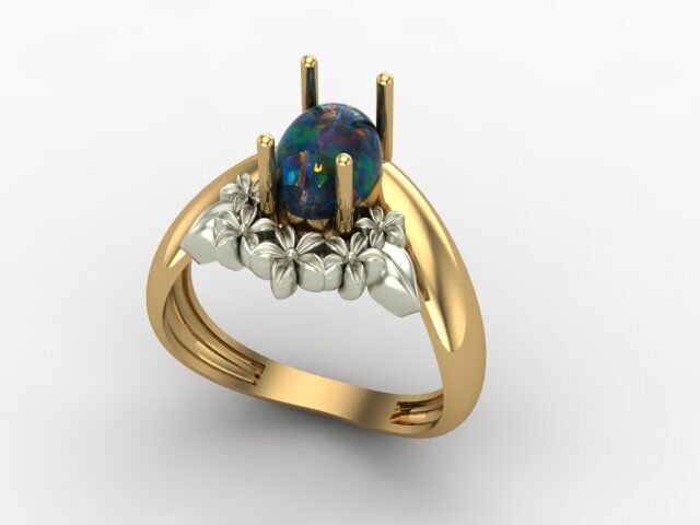 Engagement ring with opal and flower 3D print model_1