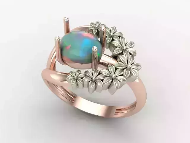 Wedding ring with opal and flowers