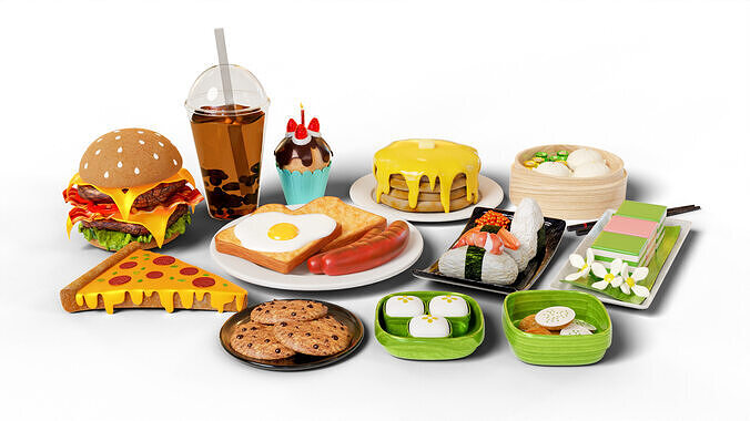 Thai desserts and bakery with International foods 3D model 2