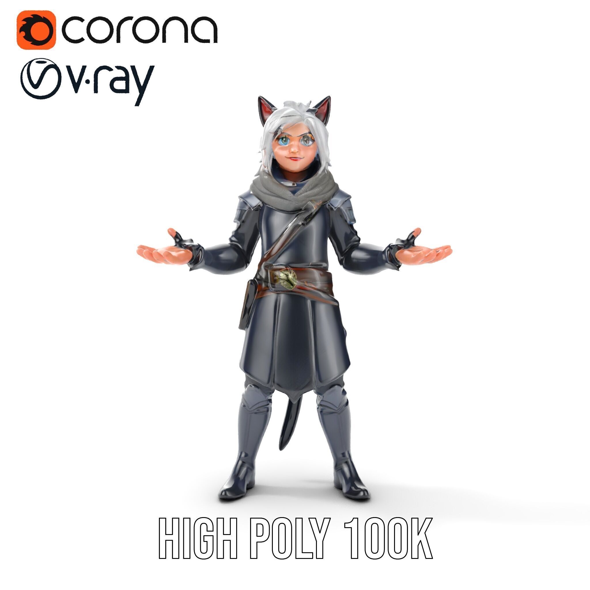 SilverHaired Warrior Cat Persona Rigged and Animated D Model Low-poly 3D model_19