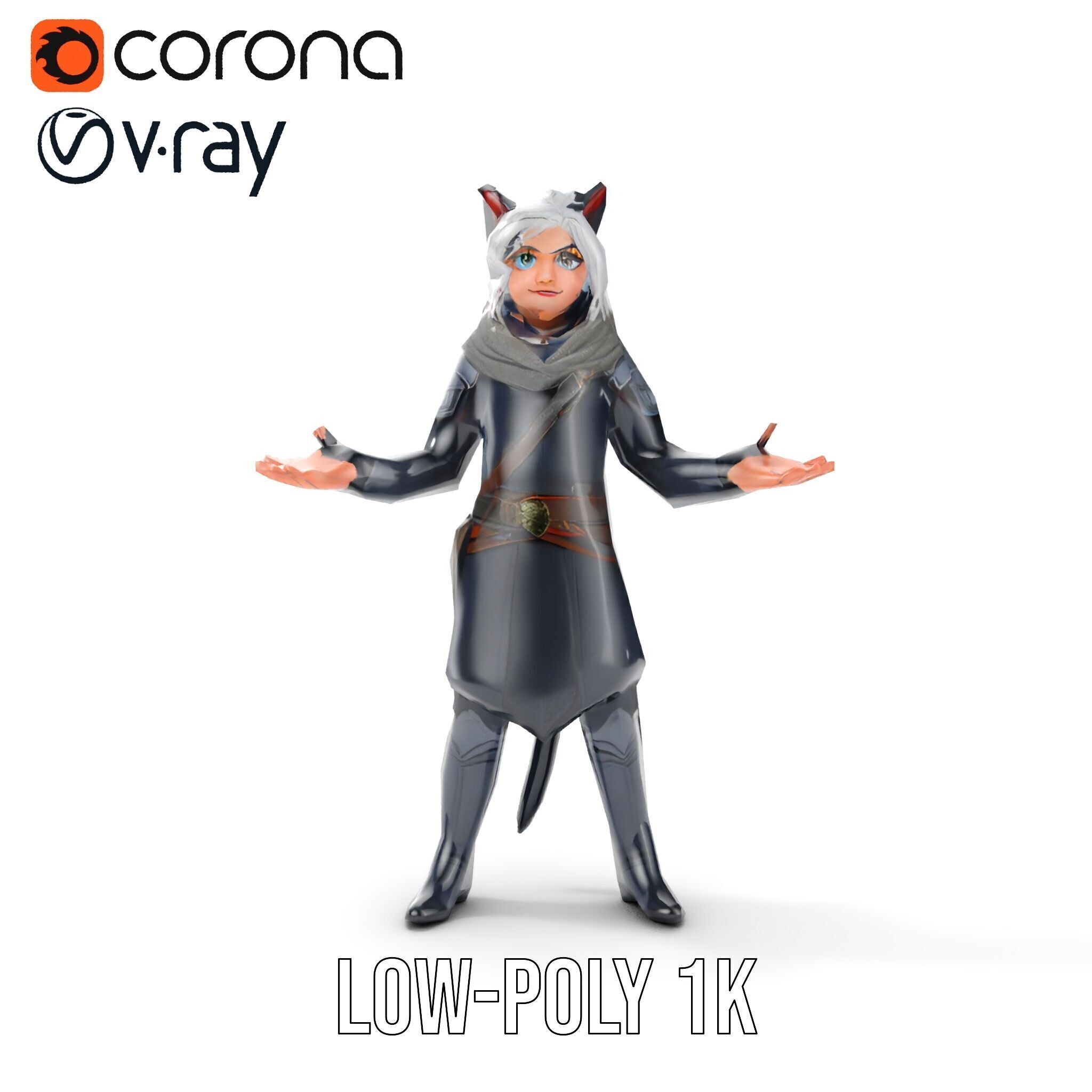 SilverHaired Warrior Cat Persona Rigged and Animated D Model Low-poly 3D model_29