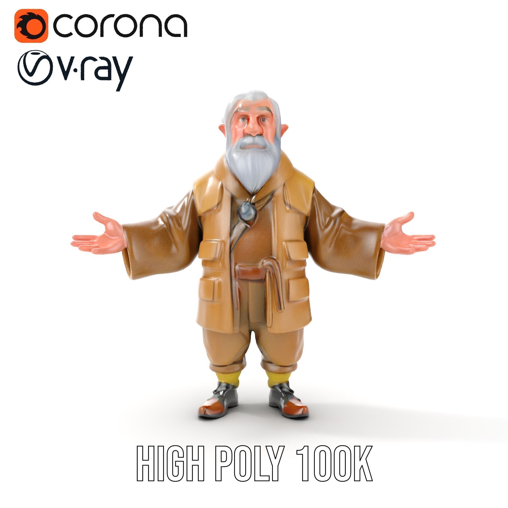 Elderly Adventurer Wizard Rigged and Animated D Character Model Low-poly 3D model_33