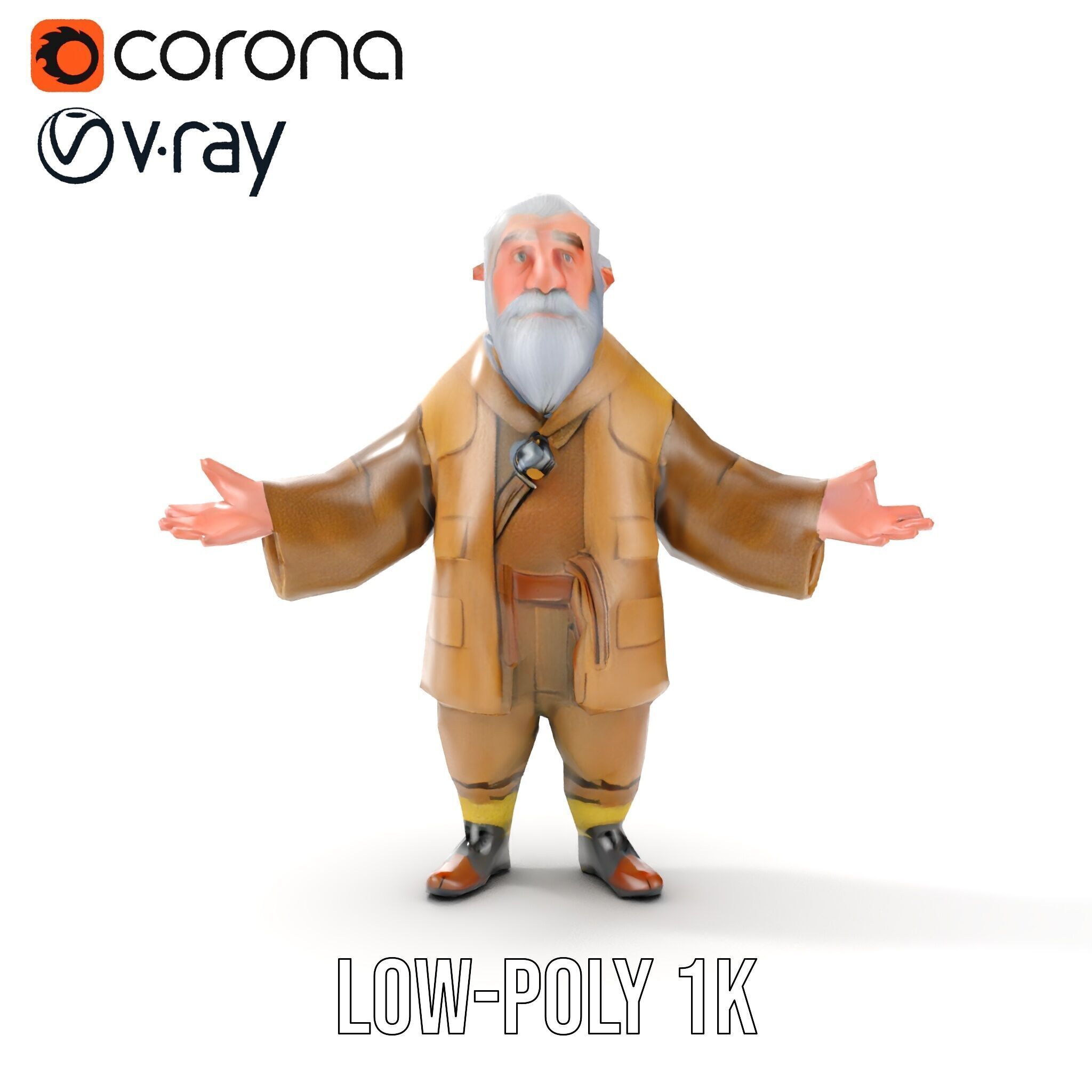 Elderly Adventurer Wizard Rigged and Animated D Character Model Low-poly 3D model_7