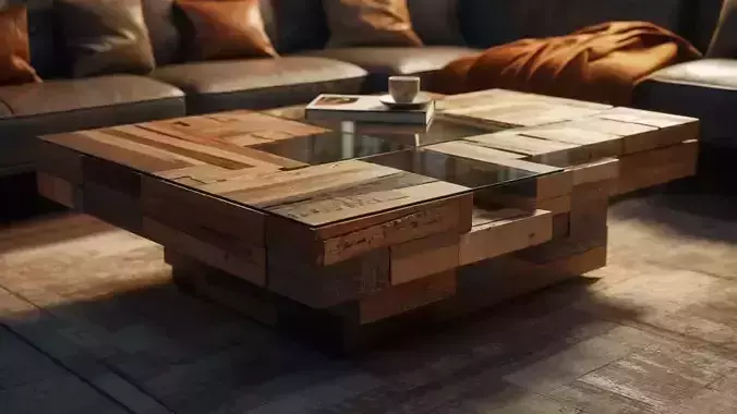 coffee table made from recycled wood and tempered glass 3D model