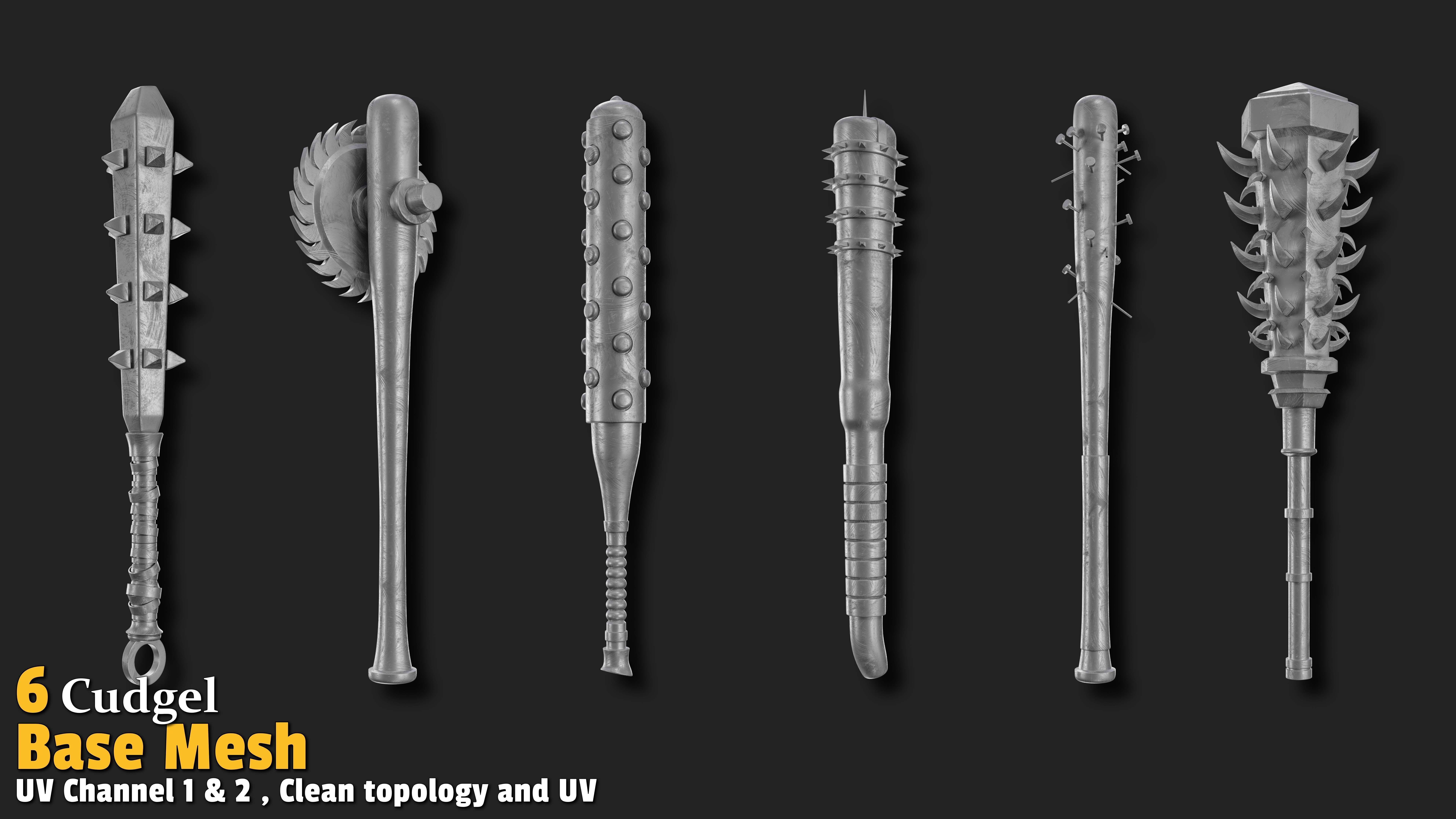 6 Medieval Cudgel Base Mesh Low-poly 3D model_2