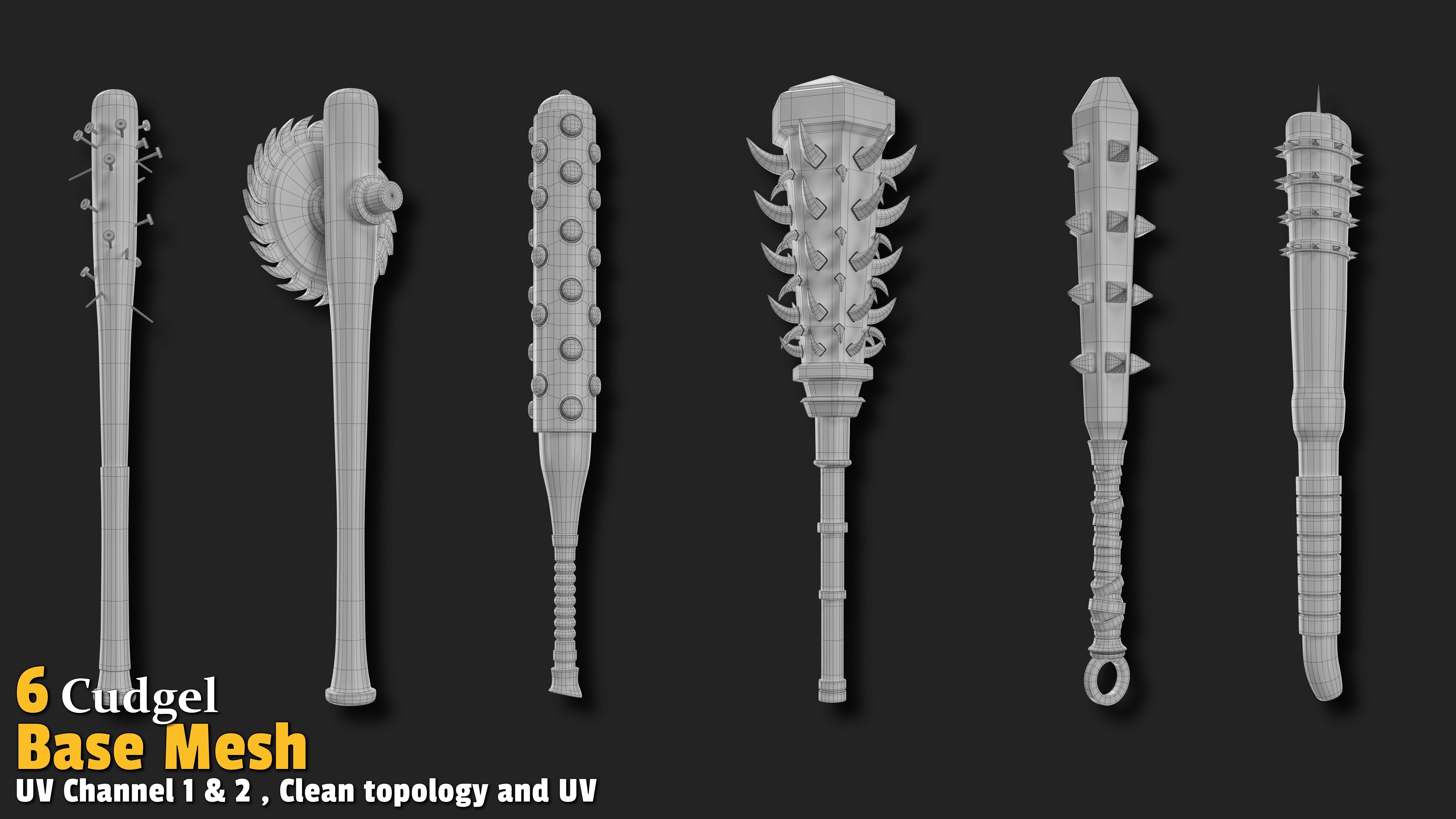 6 Medieval Cudgel Base Mesh Low-poly 3D model_3