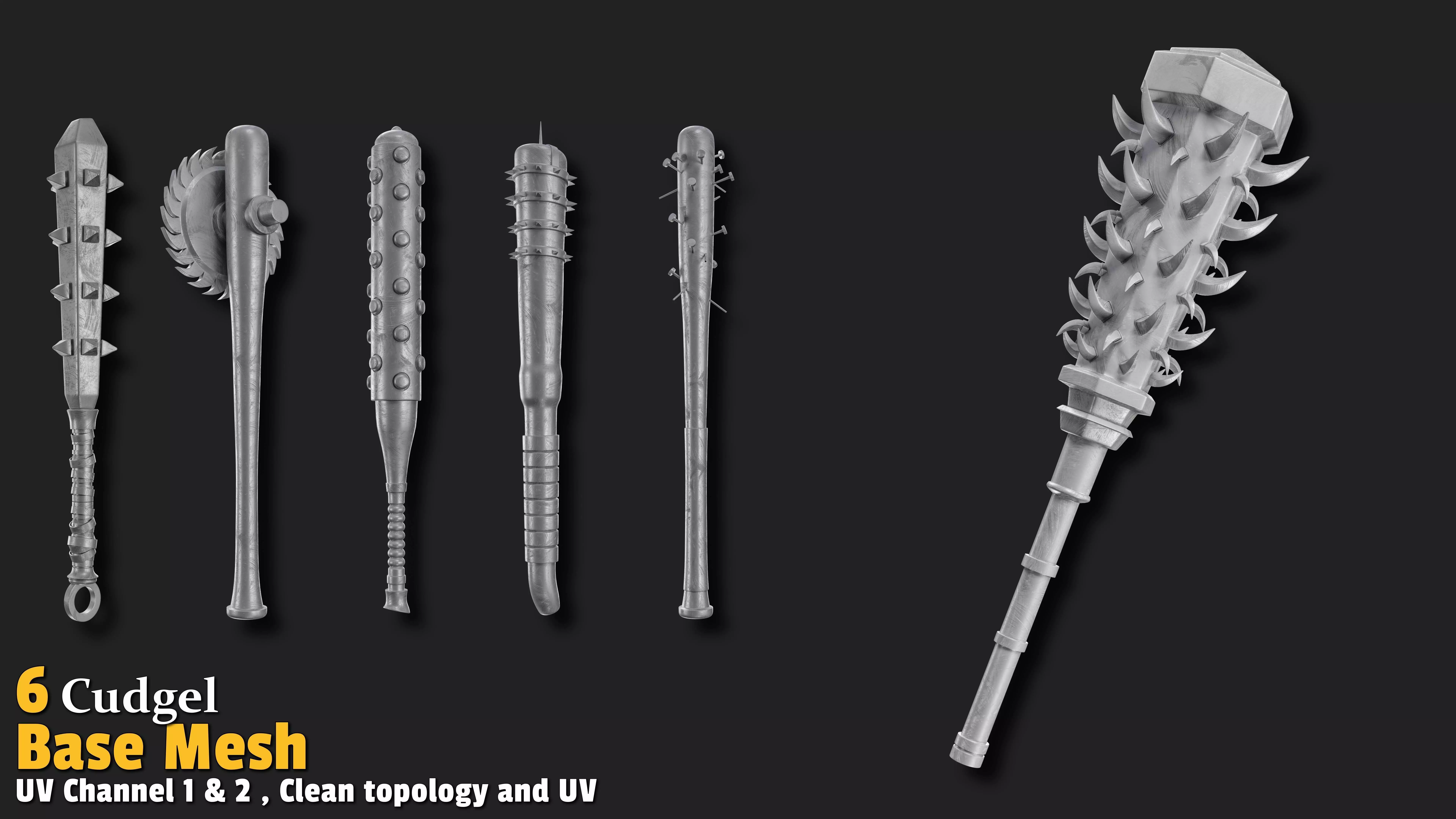 6 Medieval Cudgel Base Mesh Low-poly 3D model_0
