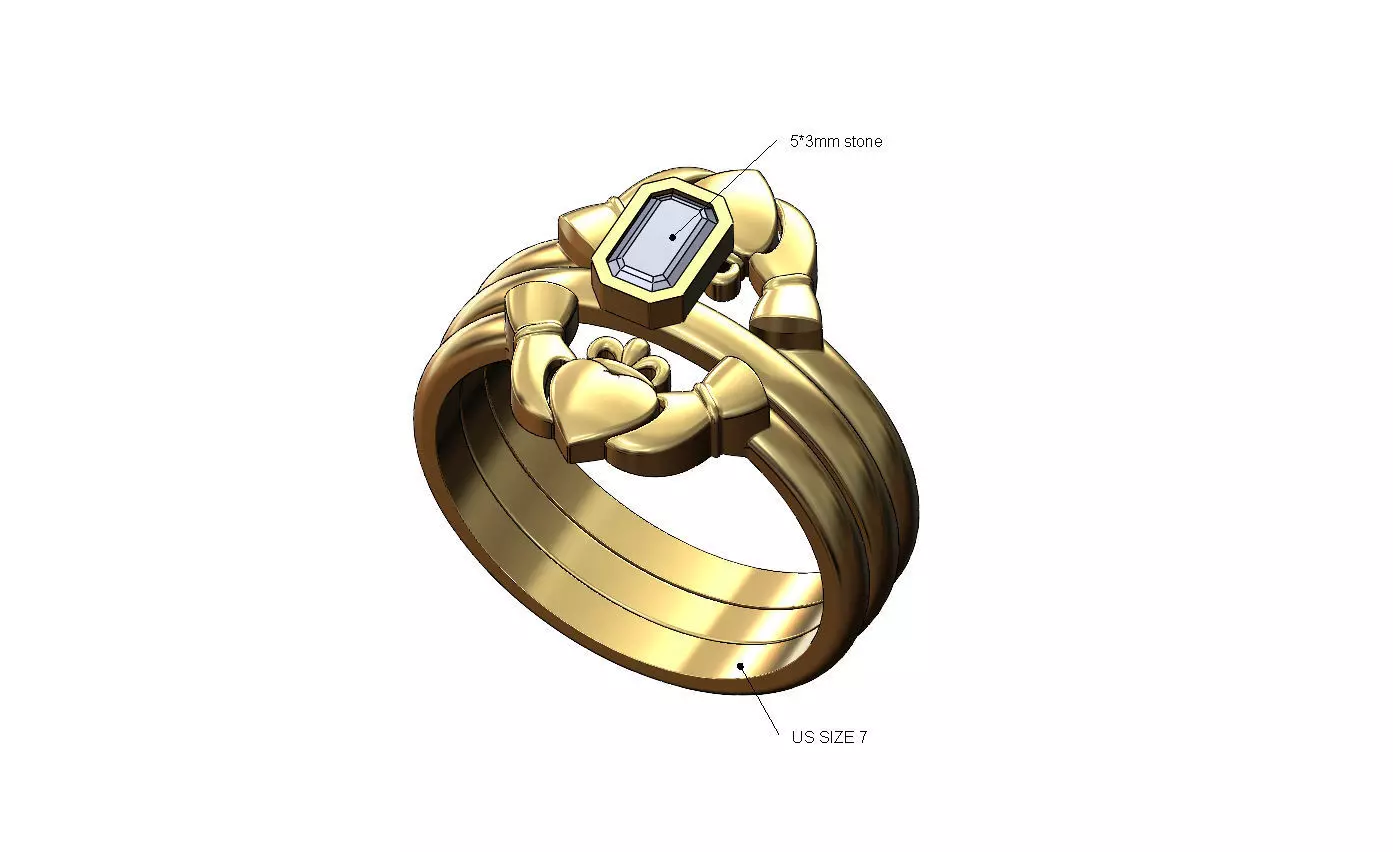 Double Claddagh heart guards emerald 5x3mm ring US size 7 3D print model
