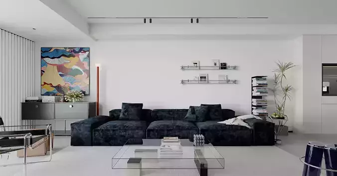 Modern living and dining room and kitchen