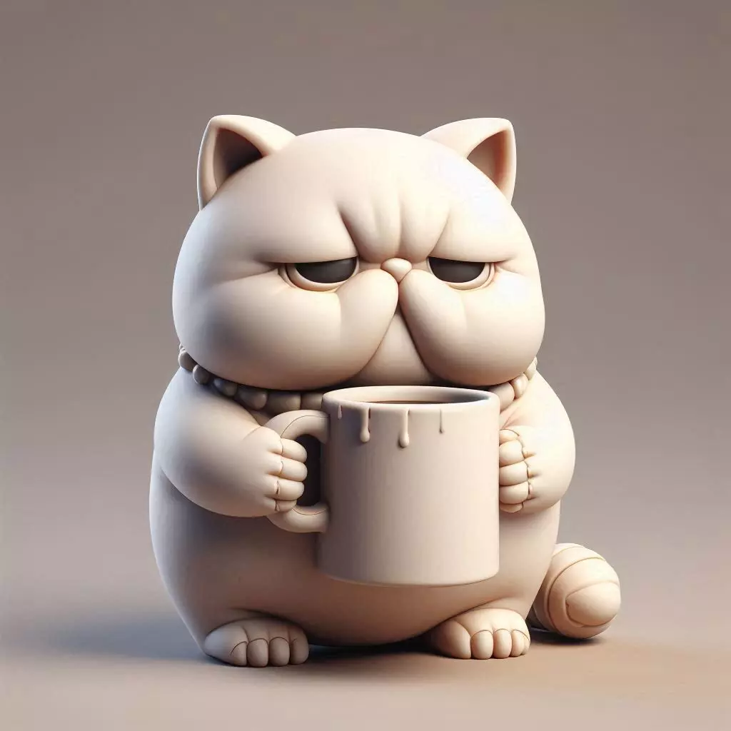 Grumpy Coffee Cat Chubby Tired Cat Desktop Figure 3D print model_0
