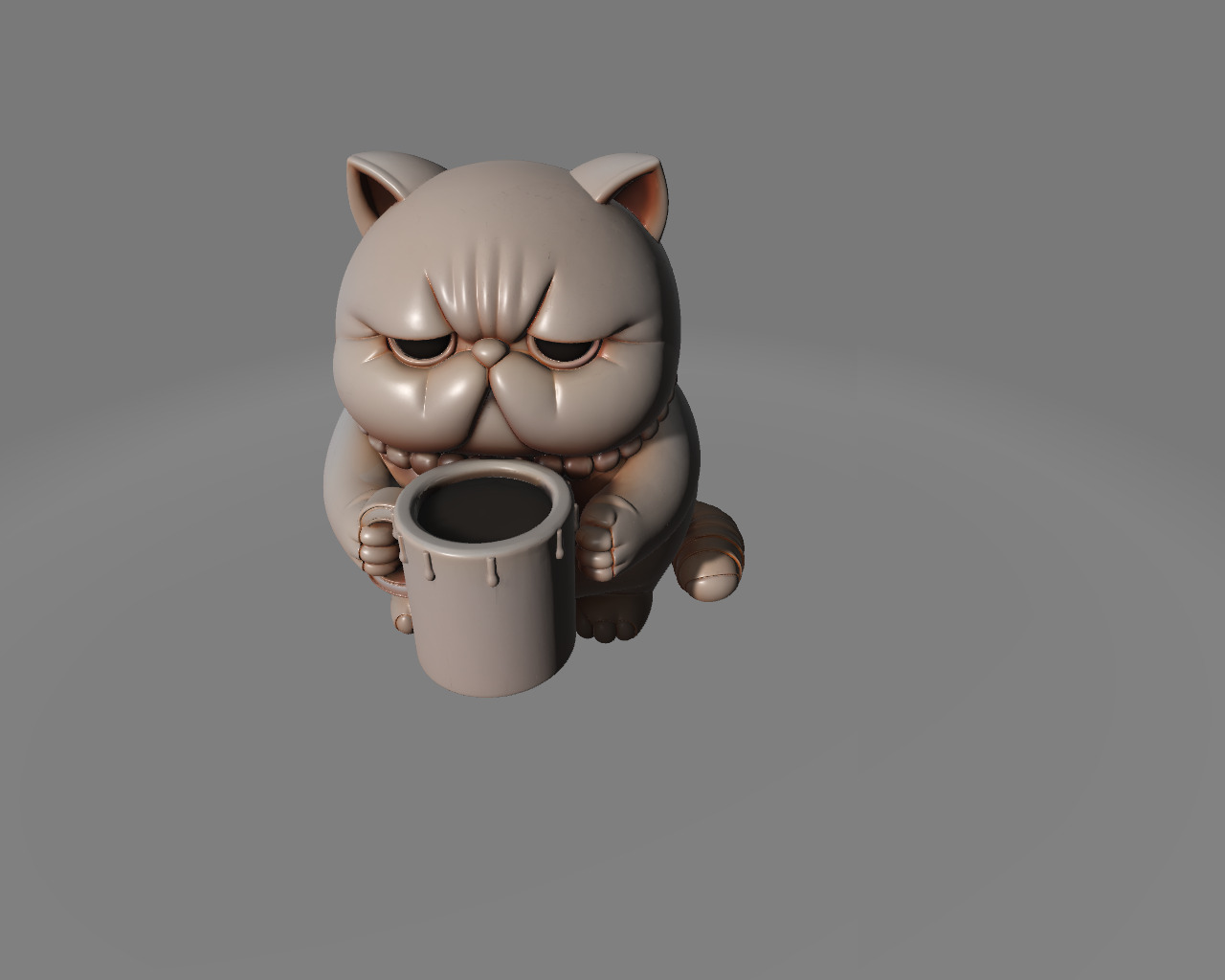 Grumpy Coffee Cat Chubby Tired Cat Desktop Figure 3D print model_4